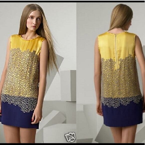 3.1 Phillip Lim 100% Silk Embroidered Dress Yellow Gold Blue Sleeveless Summer - Picture 1 of 8